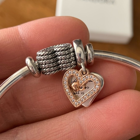 Pandora Open Bangle Charms Bracelet w/ 2 Hearts Pandora Charms & 2 Stoppers EUC - Picture 5 of 16